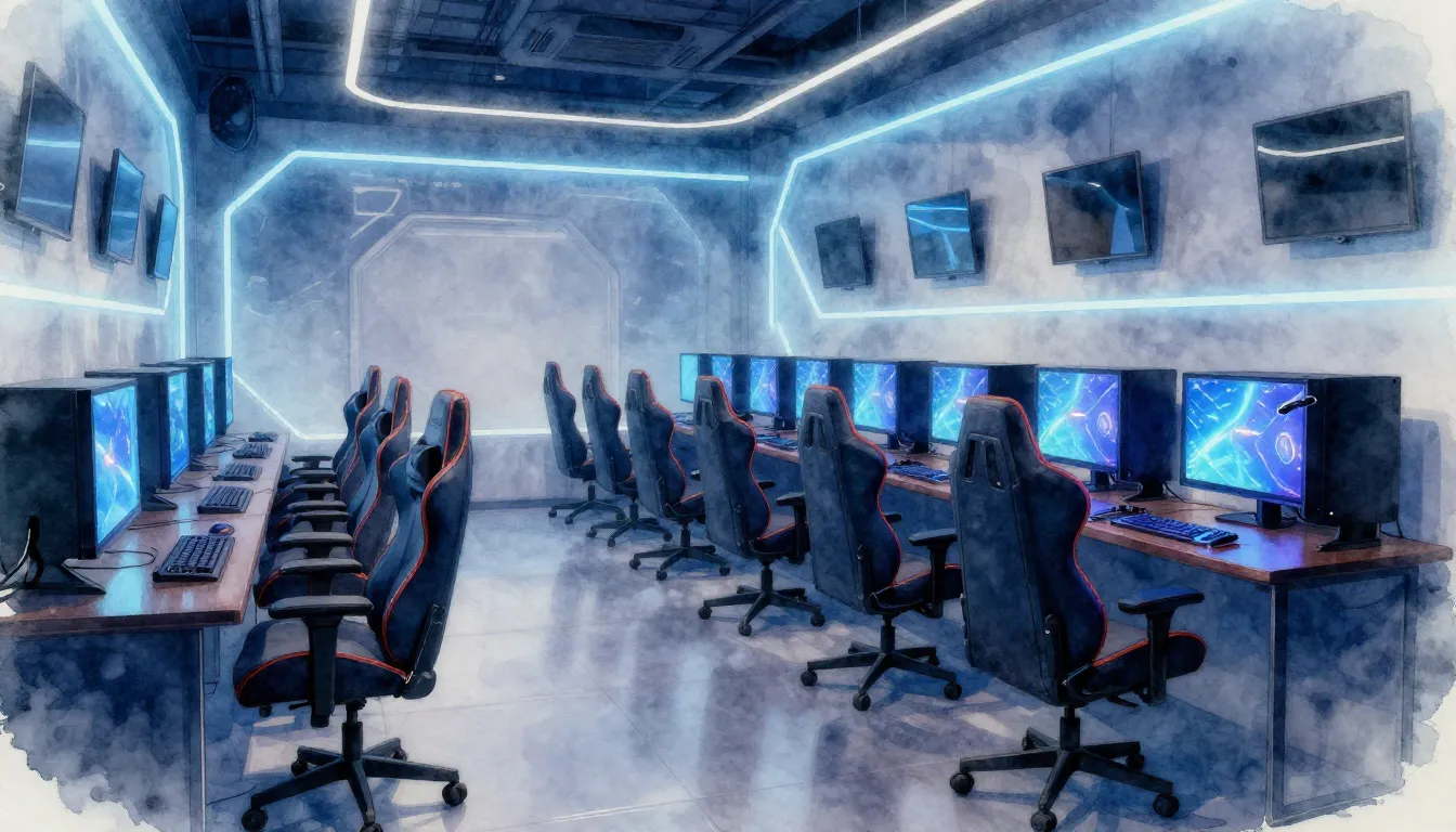 Watercolor style. Futuristic gaming lounge interior, neon bl...