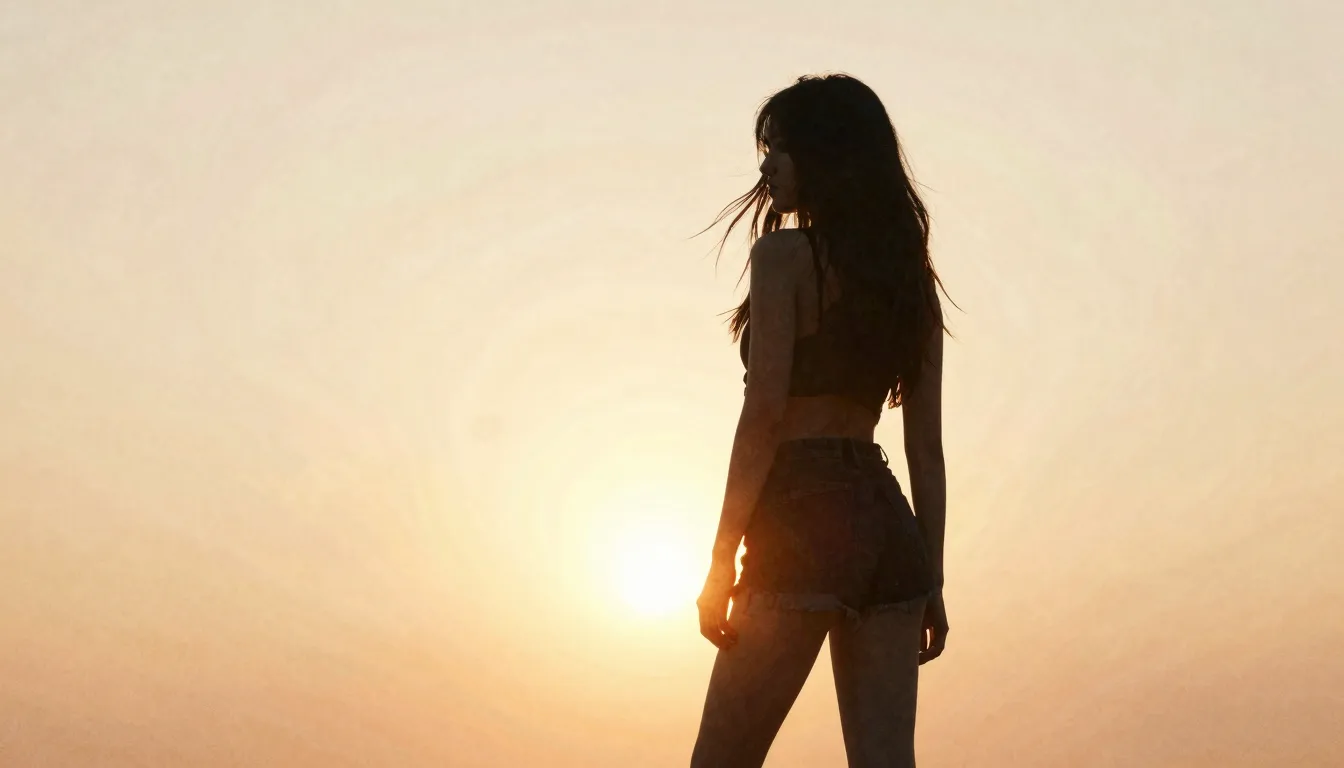 Watercolor style. Silhouette of a young woman standing confi...