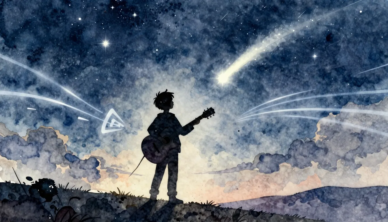 Watercolor style. A silhouette of a boy with a guitar standi...