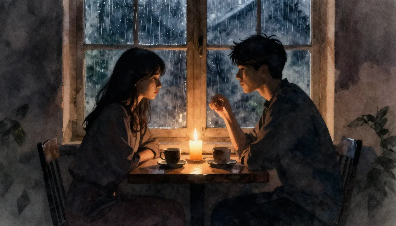 Watercolor style. A silhouette of a couple sitting at a tabl...