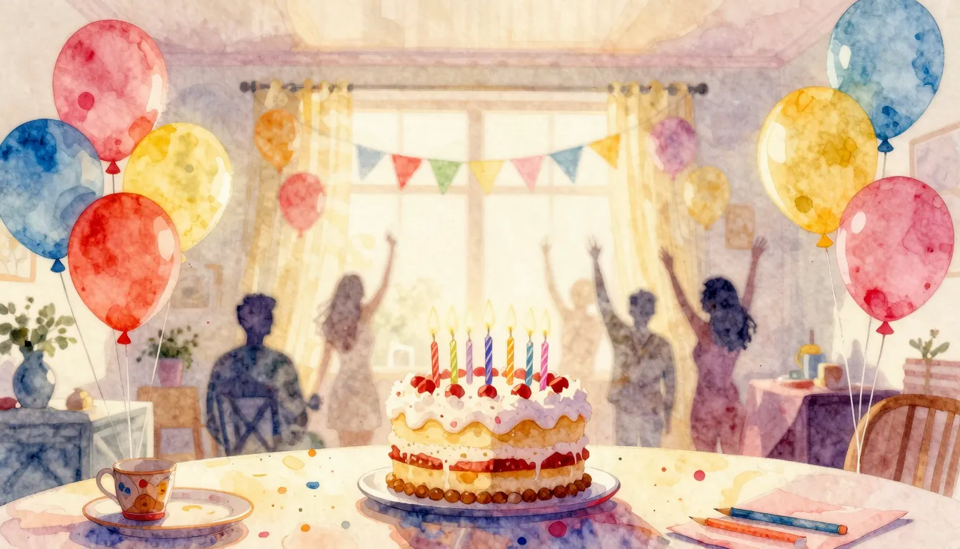 Watercolor style. A bright festive room with colorful balloo...
