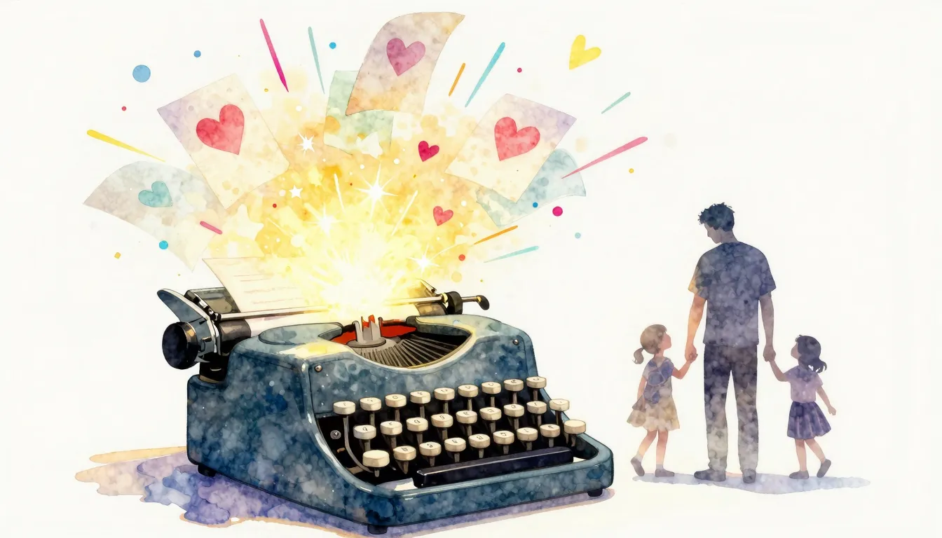 Watercolor style. A magical glowing typewriter emitting colo...