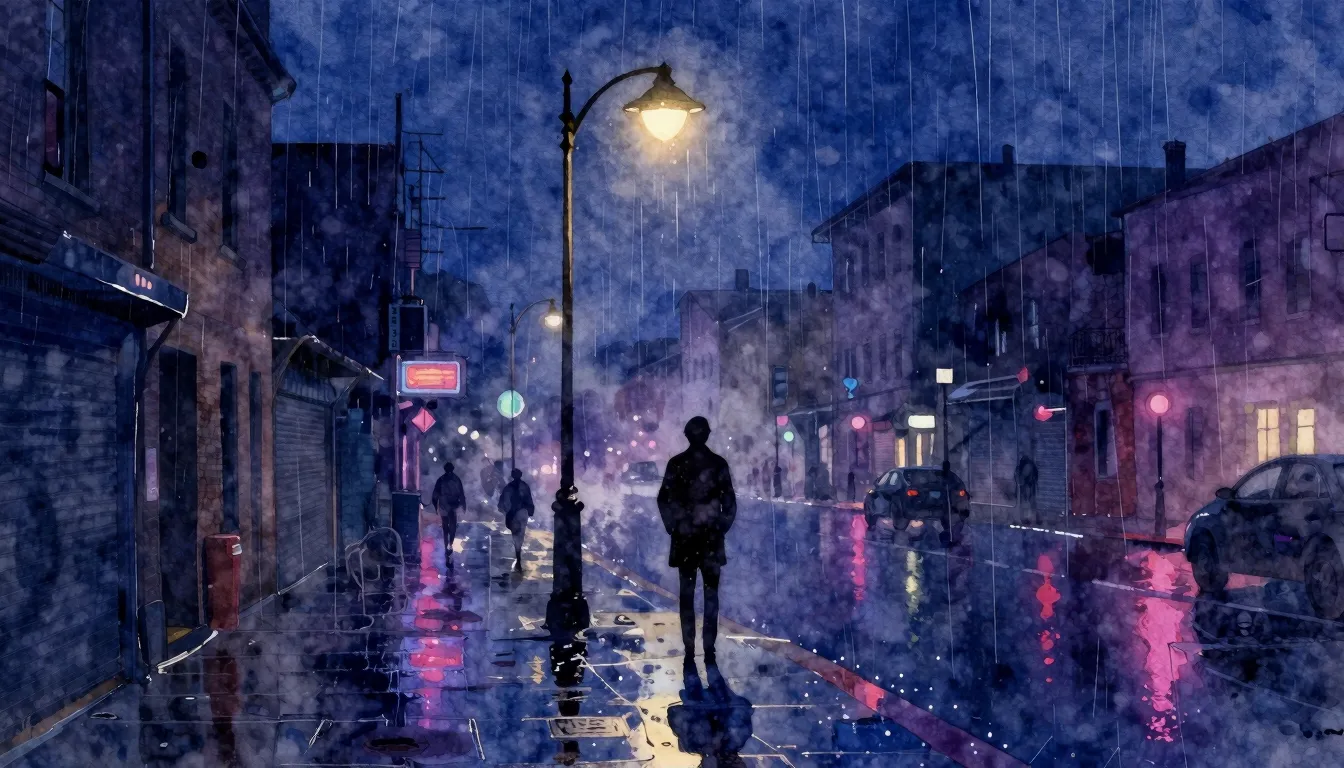 Watercolor style. A lonely silhouette standing under a singl...