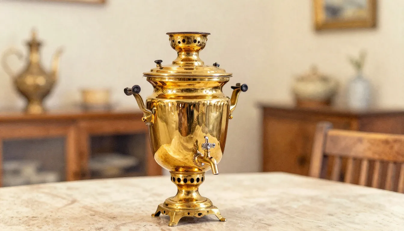 Watercolor style. Golden samovar with beautiful patterns, a ...