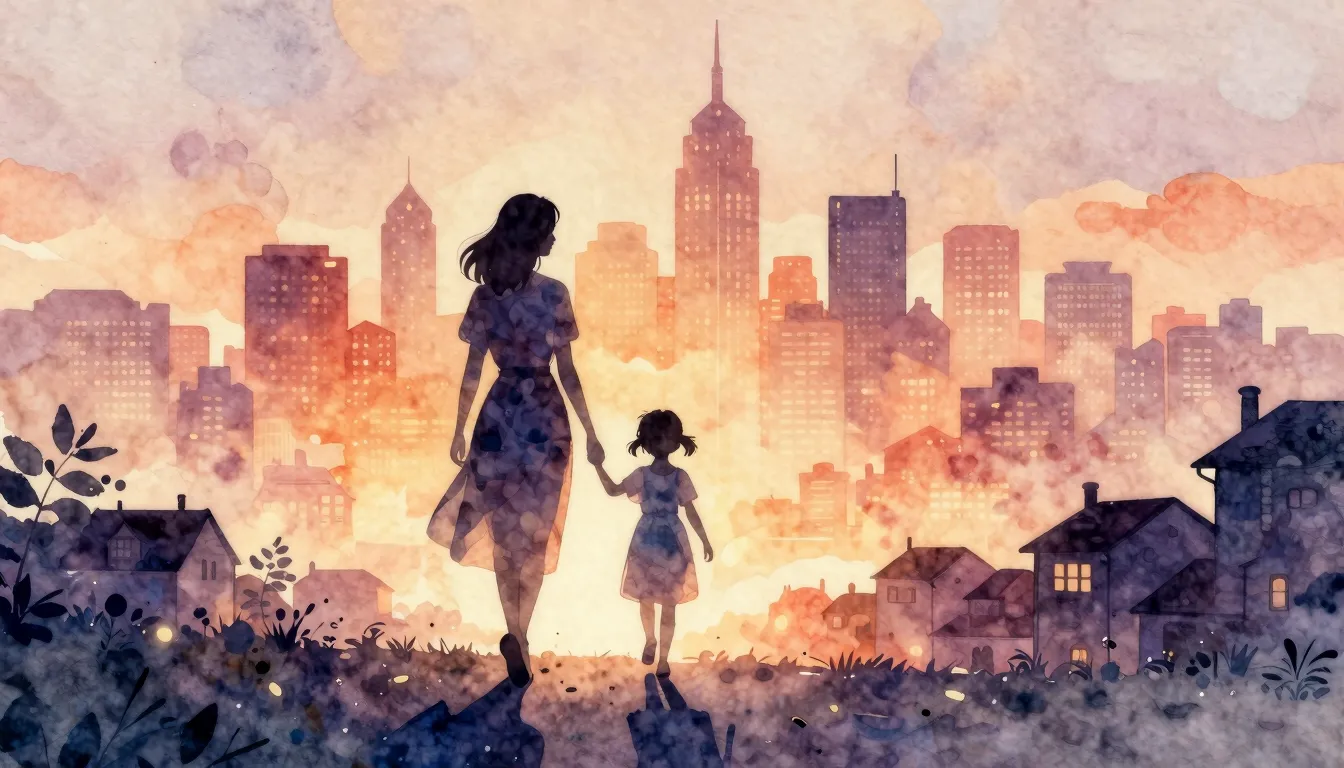 Watercolor style. A silhouette of a mother and daughter hold...