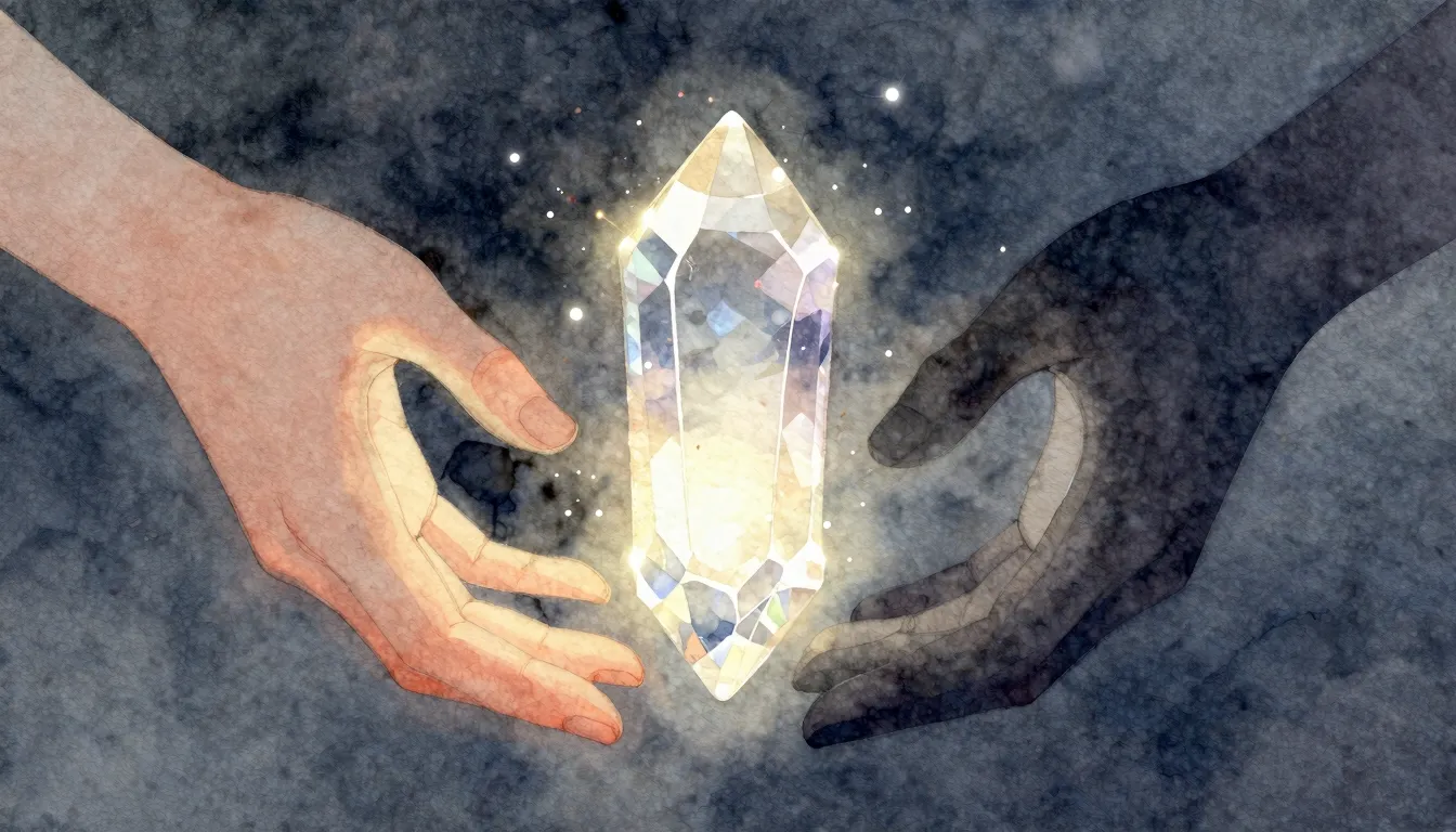 Watercolor style. A glowing, multifaceted crystal hovering b...