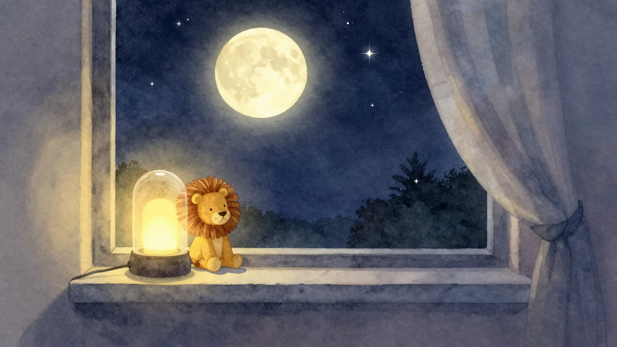 Watercolor style. A cozy nursery at night, a soft golden glo...