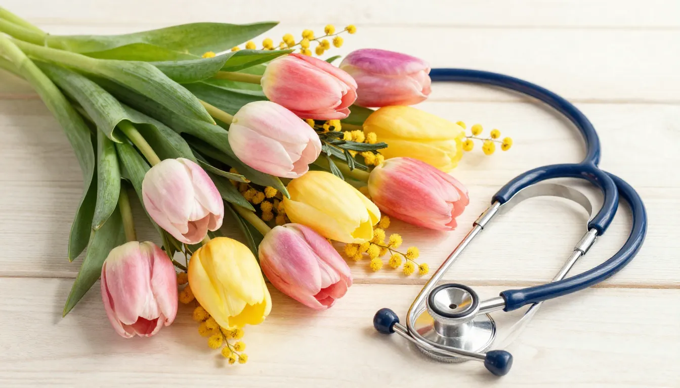 Watercolor style. A beautiful bouquet of spring tulips and m...