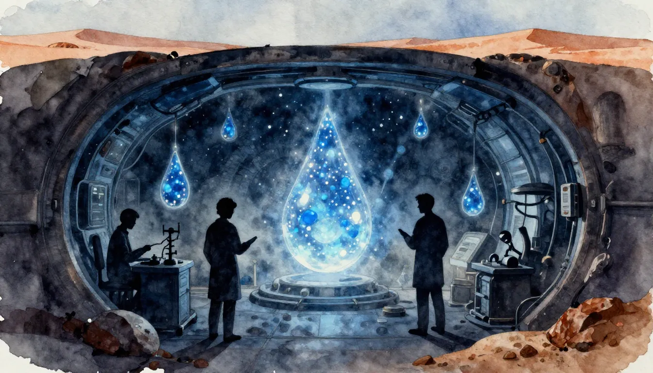 Watercolor style. Silhouettes of scientists in a dark underg...