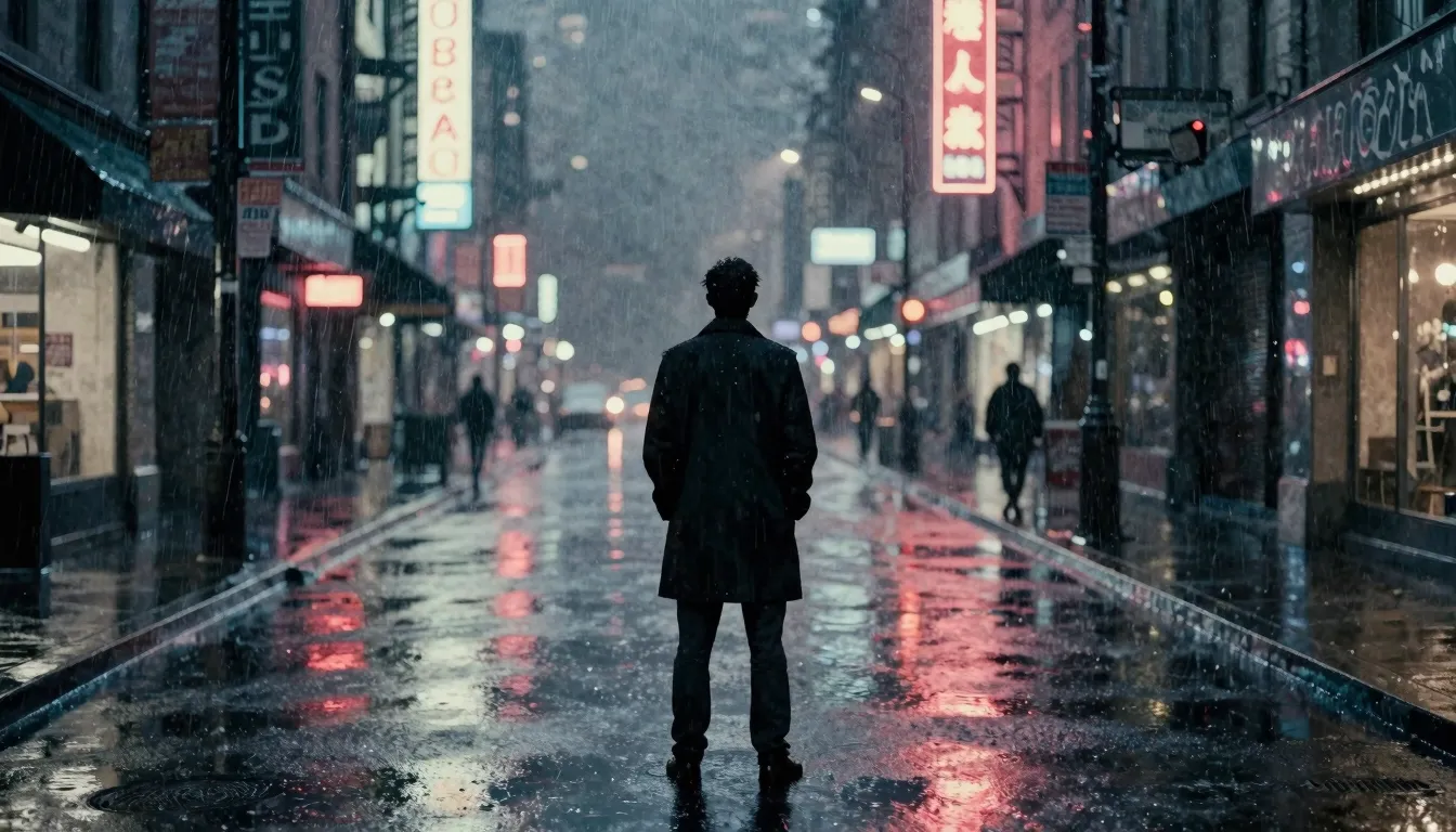 Watercolor style. A lonely silhouette of a man stands on a d...