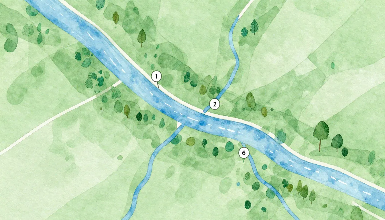 Watercolor style. Top-down stylized map of a green valley, a...