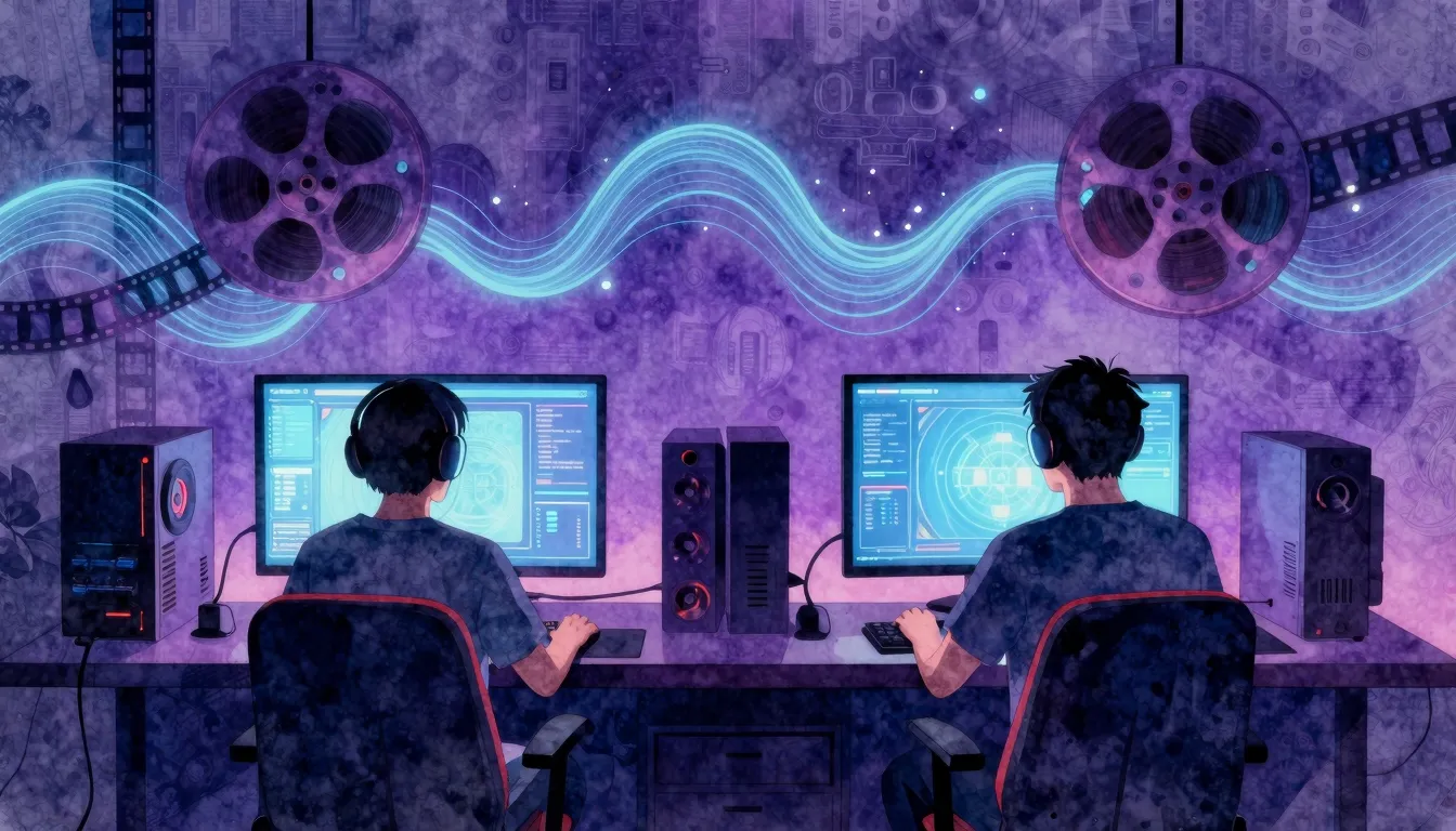 Watercolor style. A neon-lit gaming room with two silhouette...