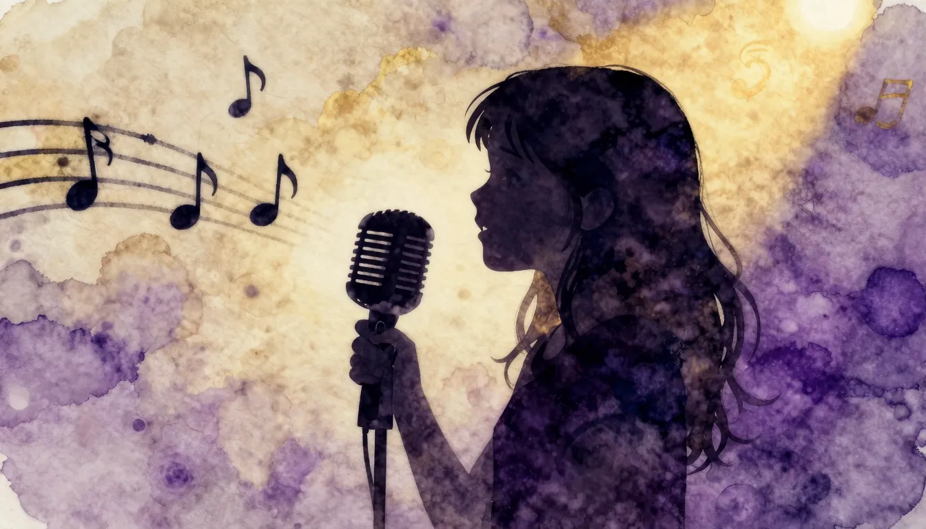 Watercolor style. Silhouette of a young girl singing into a ...