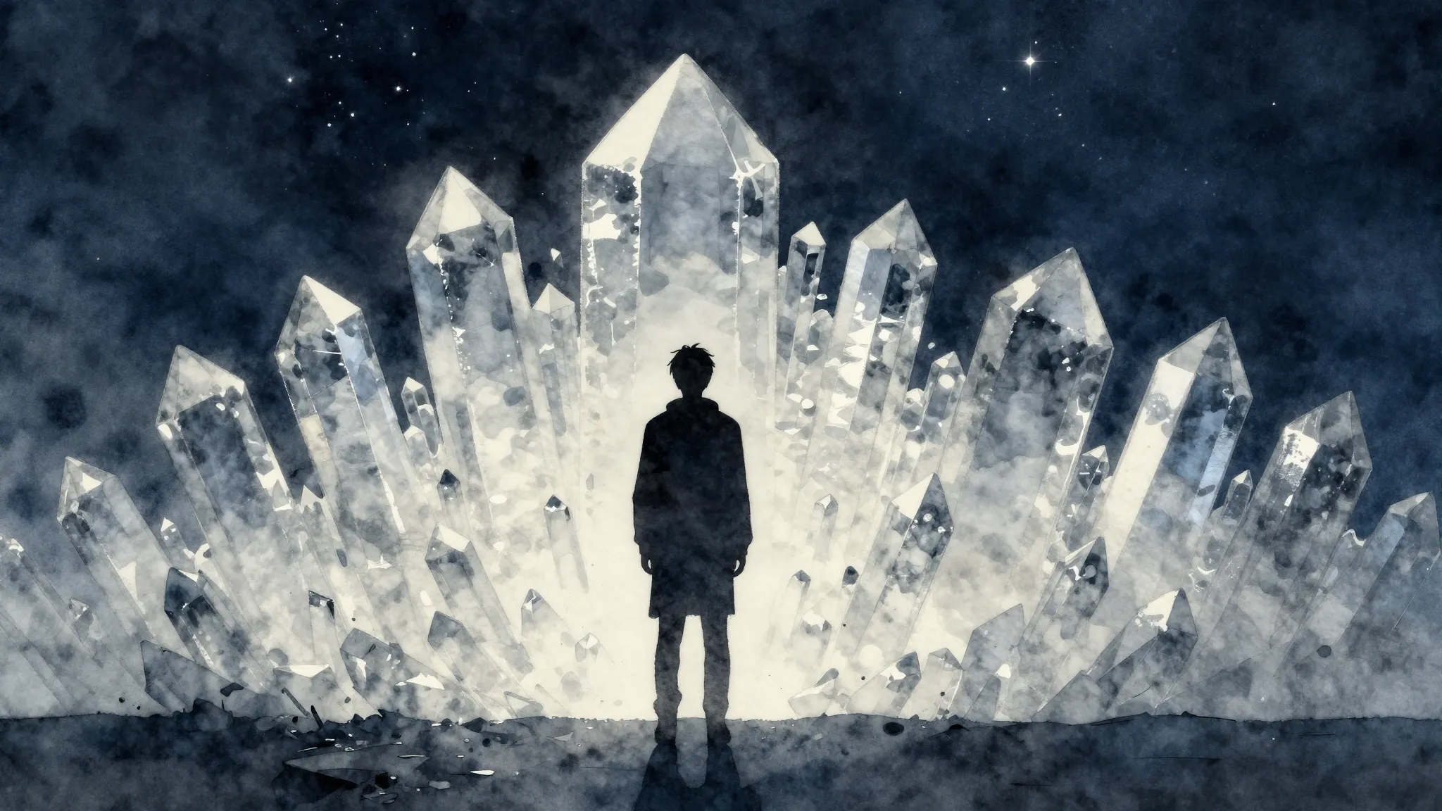 Watercolor style. A dark silhouette of a person standing bef...