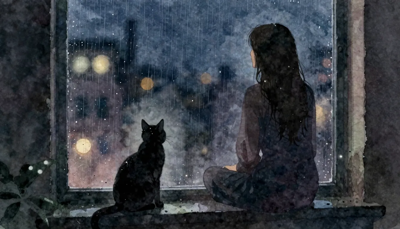 Watercolor style. A lonely silhouette of a woman looking out...