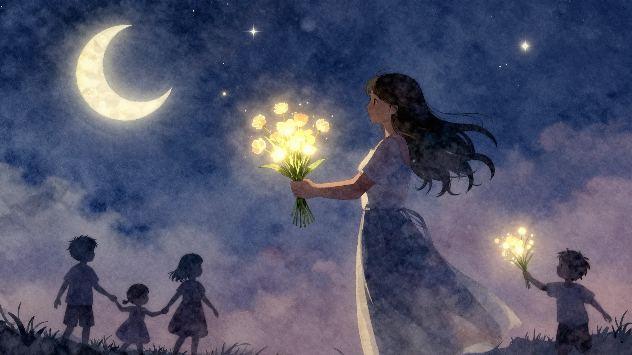 Watercolor style. A silhouette of a man giving a bouquet of ...