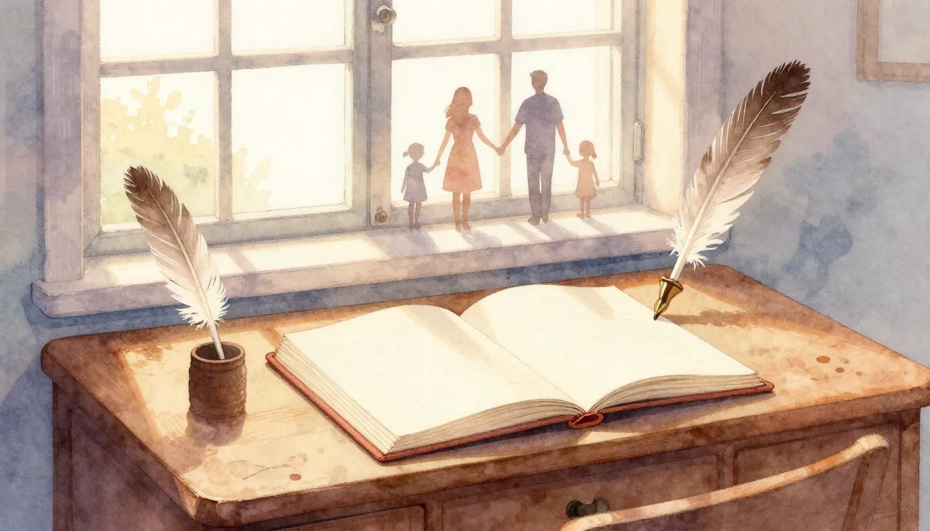 Watercolor style. A cozy room with a vintage writing desk, a...