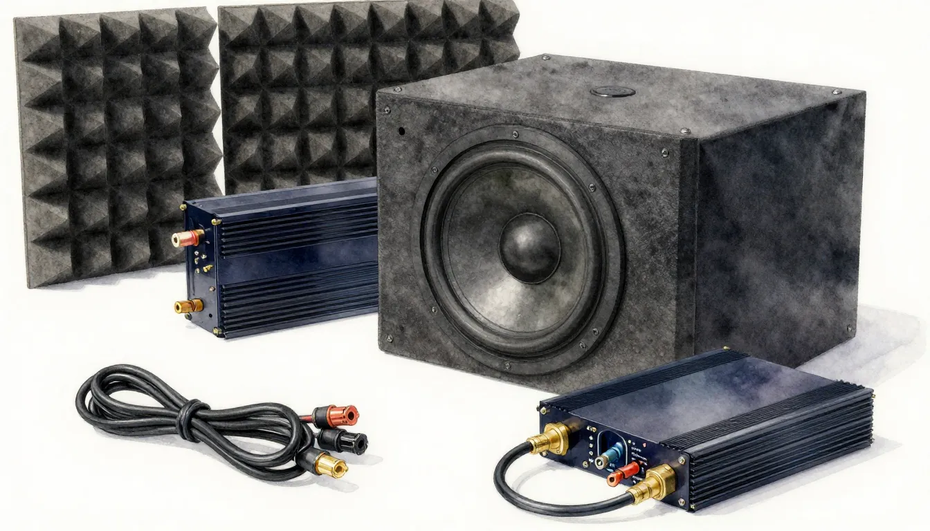 Watercolor style. Professional car audio equipment, subwoofe...