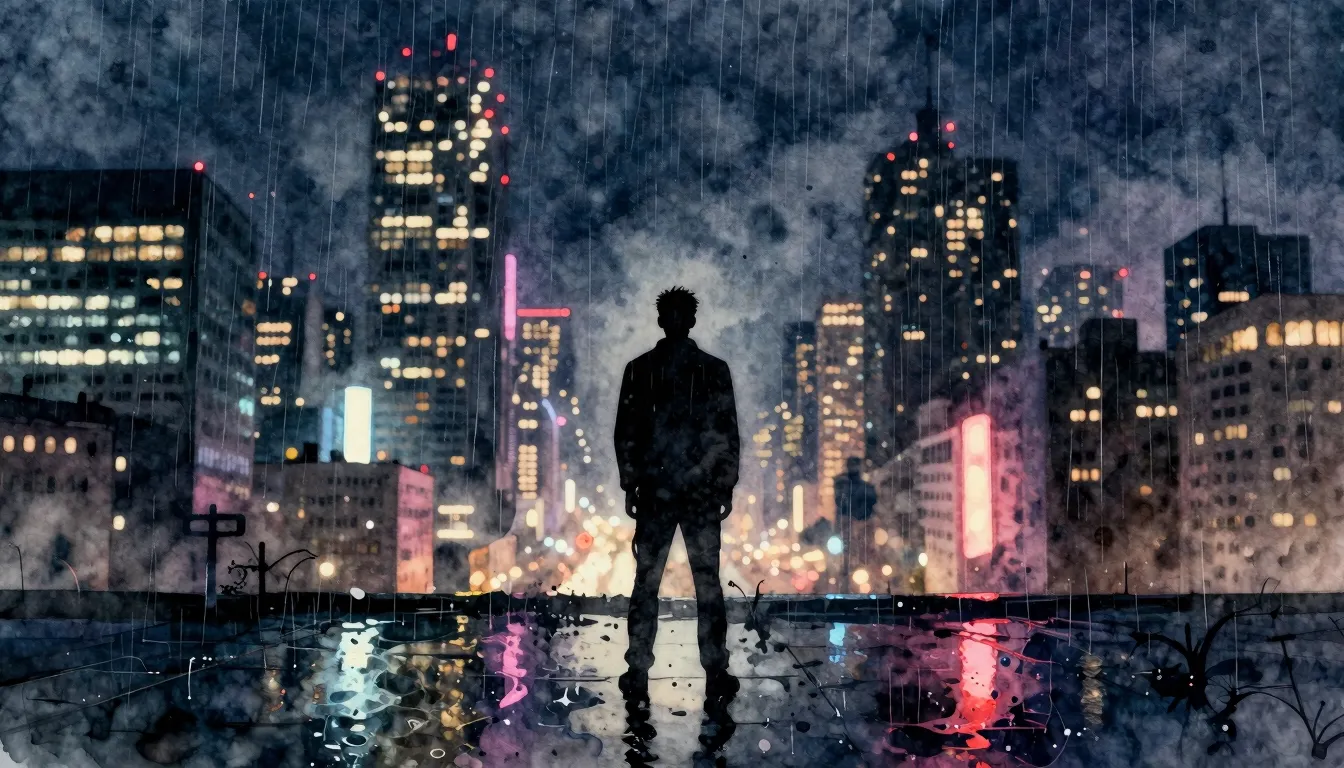 Watercolor style. Silhouette of a man looking at a sprawling...