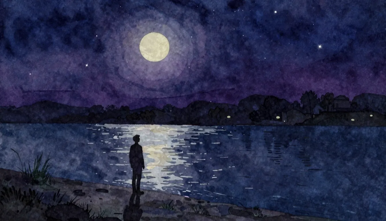 Watercolor style. A lonely silhouette standing on a river ba...