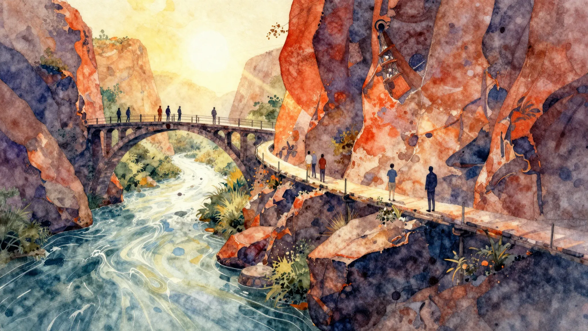 Vibrant watercolor style. Rock album cover. A winding river ...