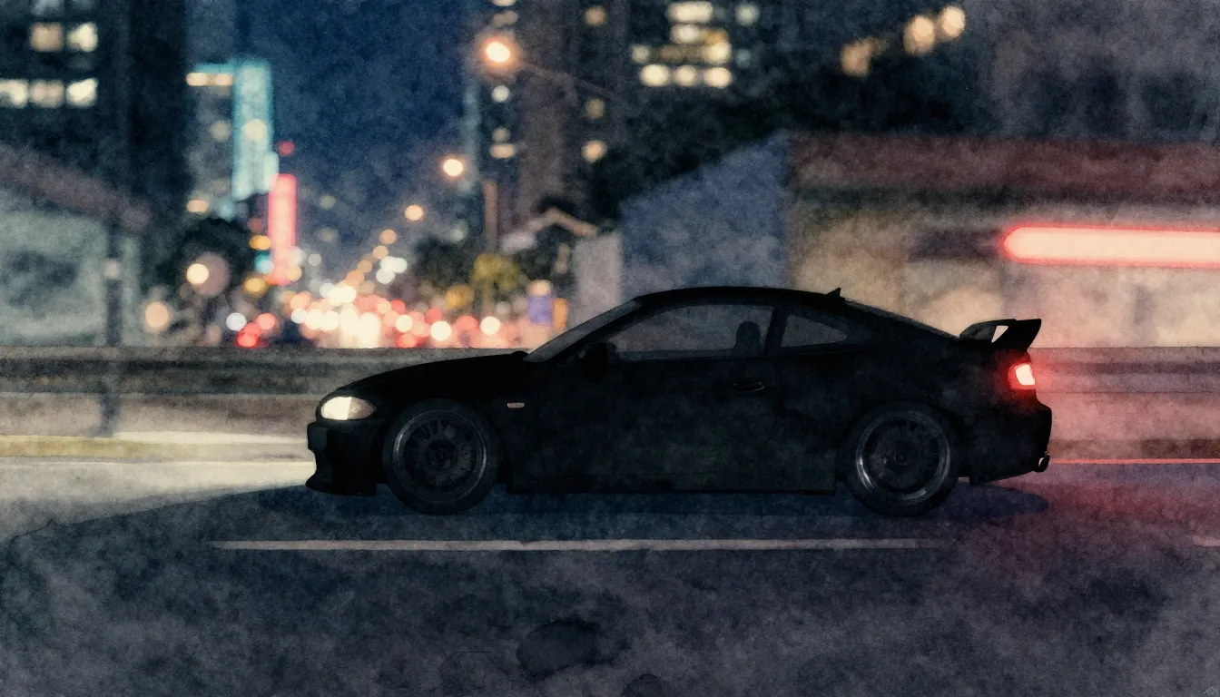 Watercolor style. A silhouette of a lowered car speeding dow...