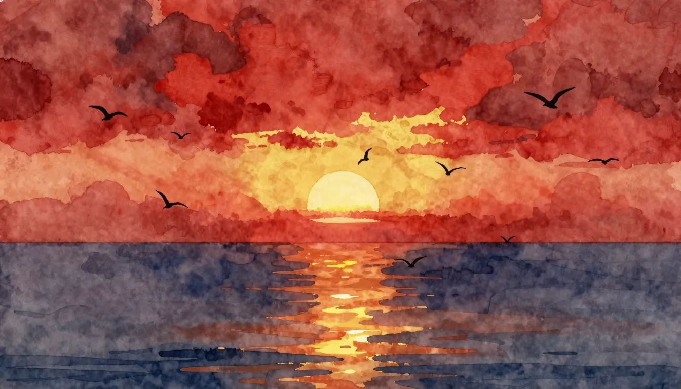 Watercolor style. A dramatic sunset over a calm sea, the sky...