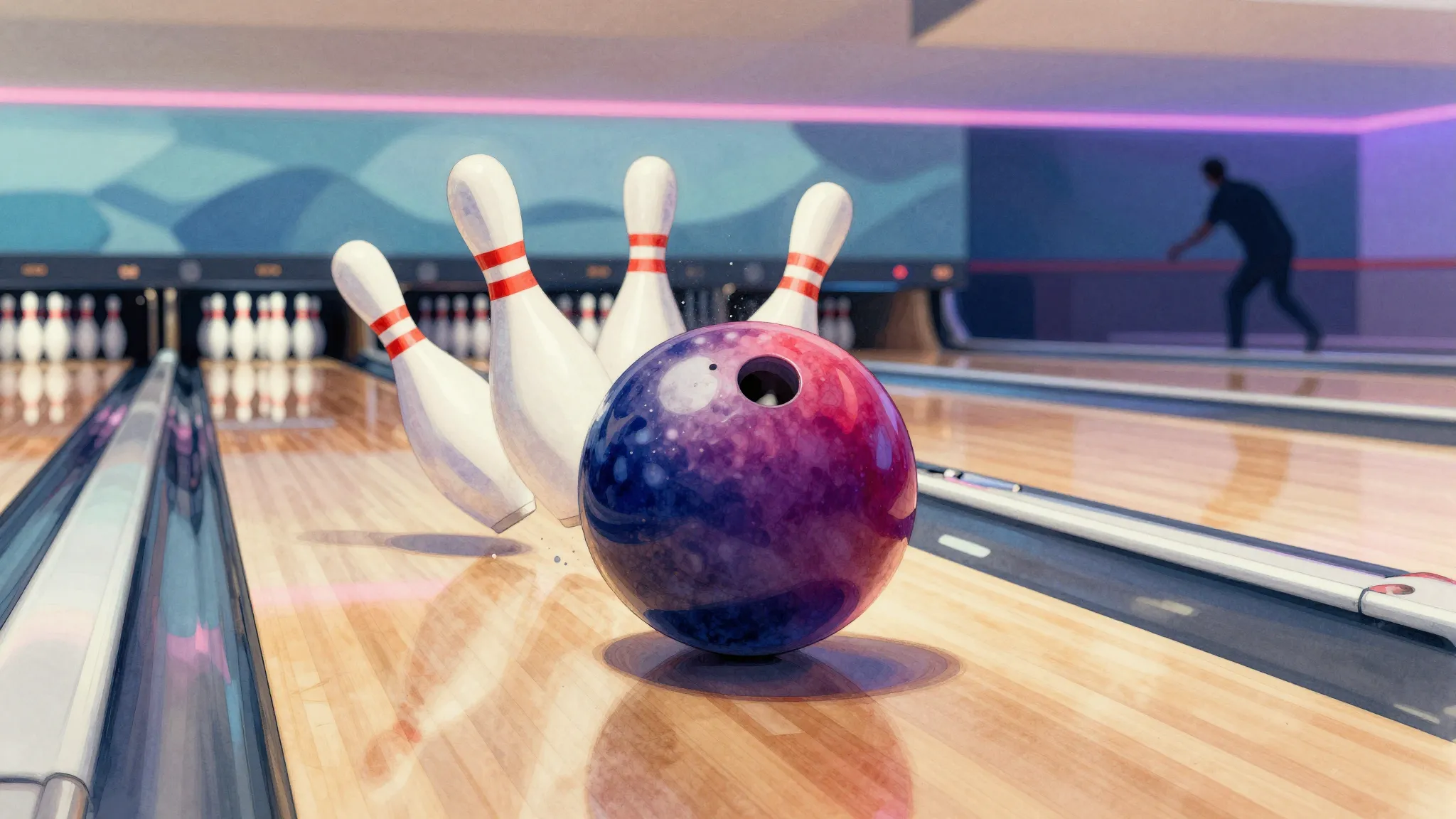 Watercolor style. A shiny bowling ball crashing into white p...