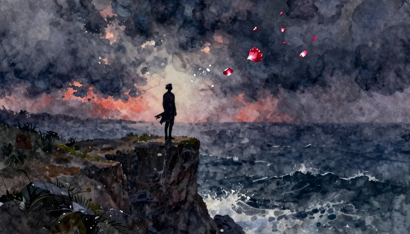 Watercolor style. A dramatic scene of a lone silhouette stan...