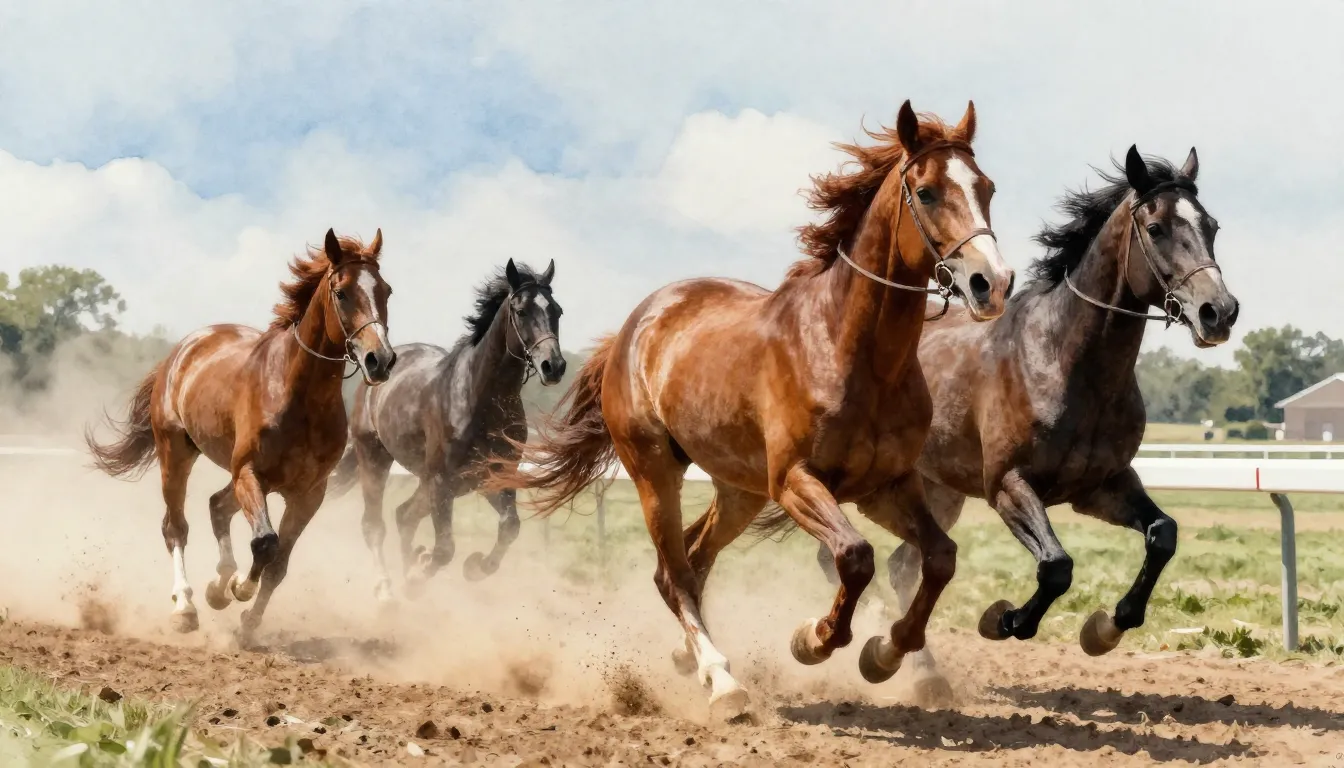 Watercolor style. Cinematic shot of majestic horses racing o...