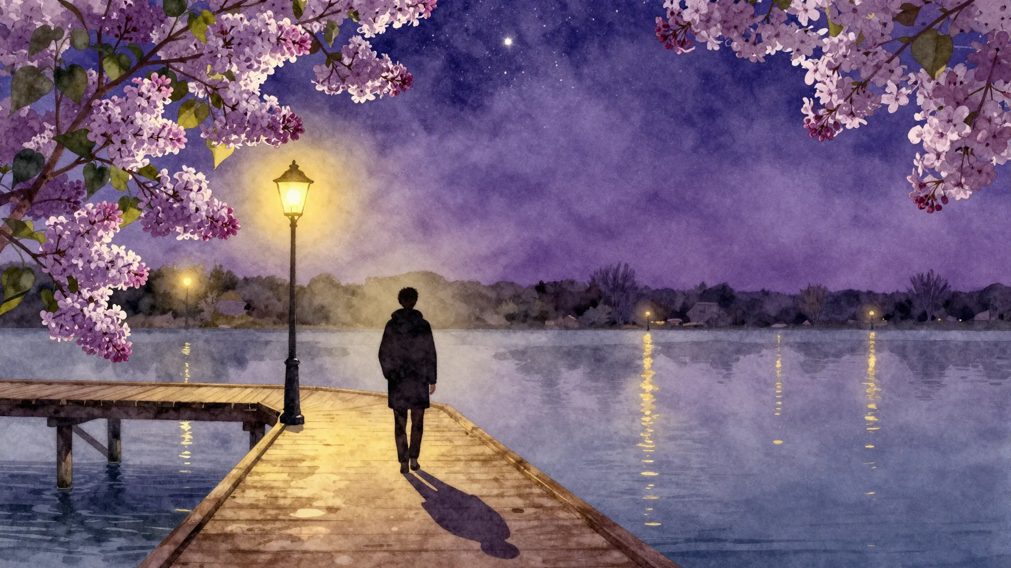 Watercolor style. Silhouette of a lonely figure on a wooden ...