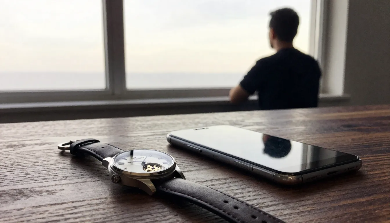 Watercolor style. A minimalist workspace where a vintage mec...