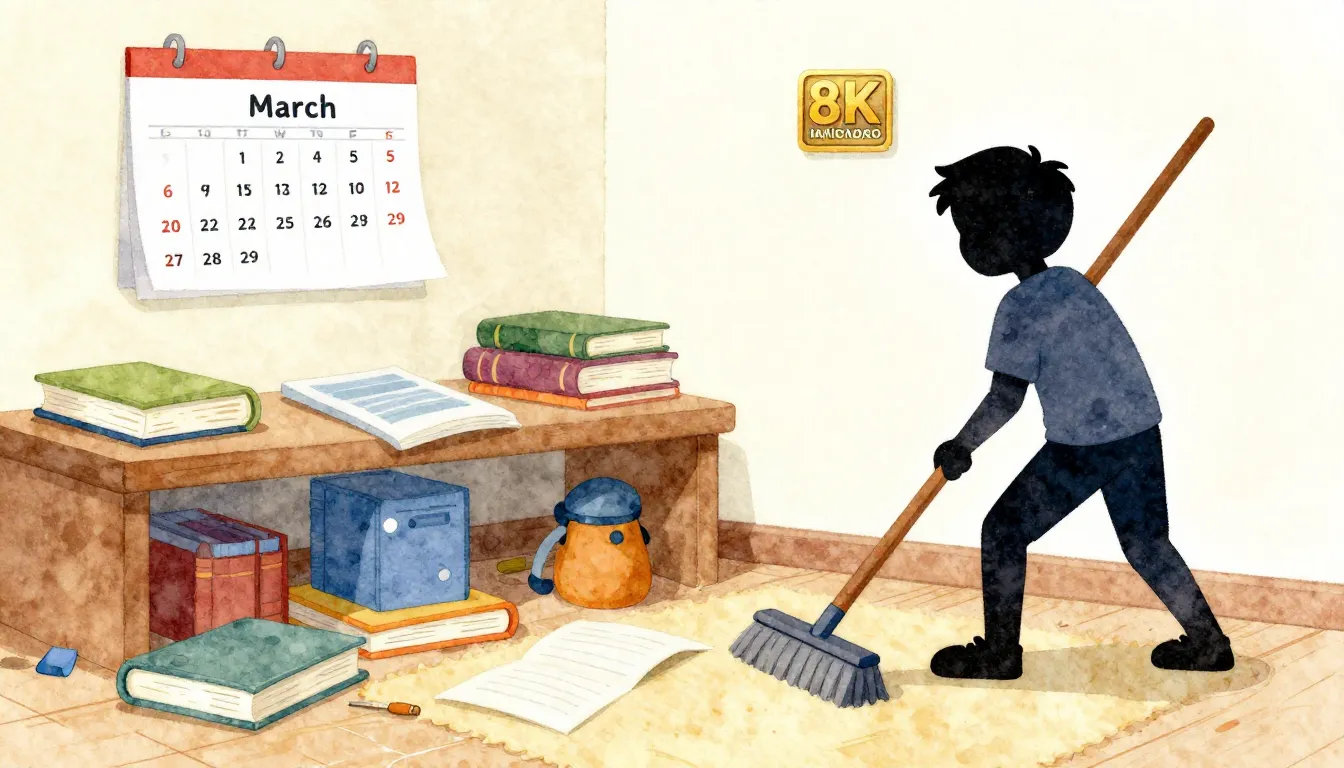 Watercolor style. A messy boy's room, scattered school books...