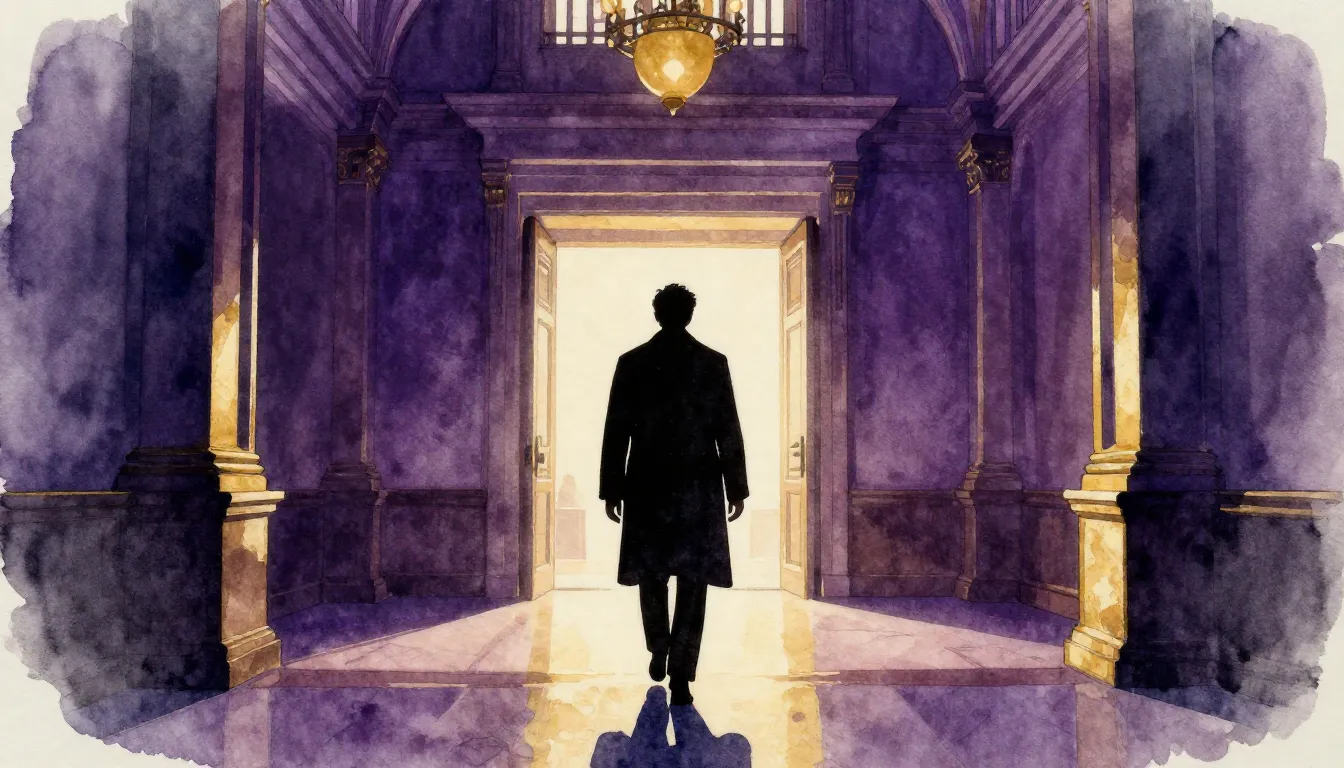 Watercolor style. Silhouette of a man in a long coat enterin...