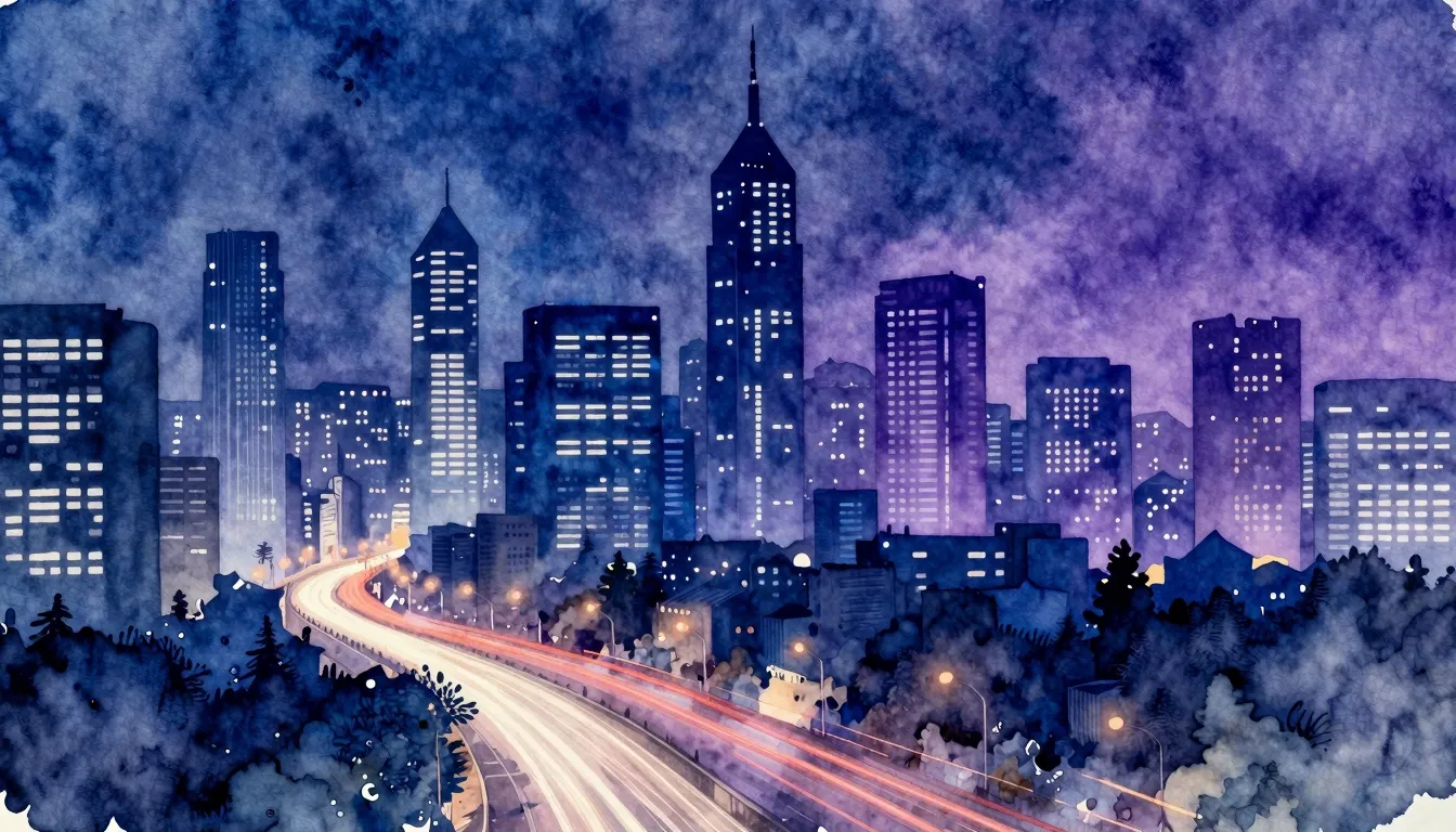 Watercolor style. Neon silhouette of a modern metropolis at ...
