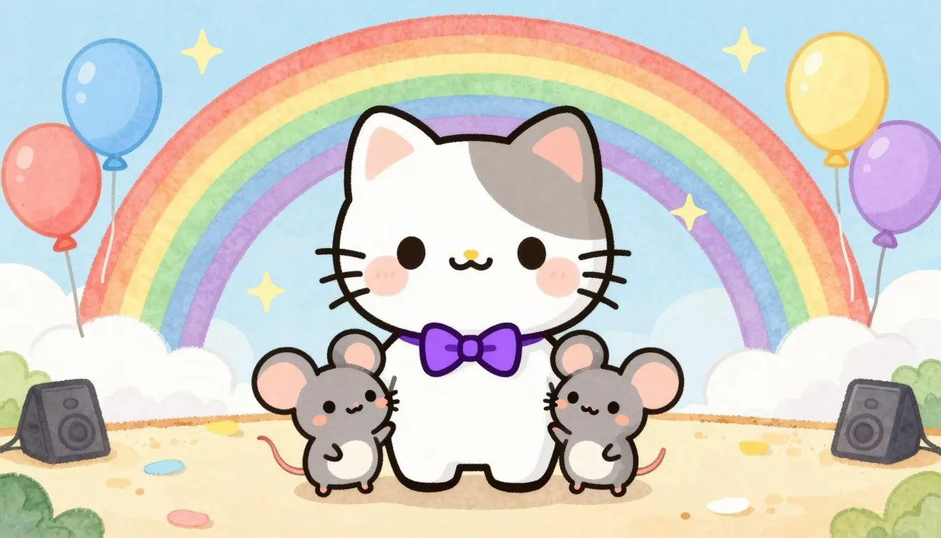 Watercolor style. A friendly cartoon cat with a purple bow t...
