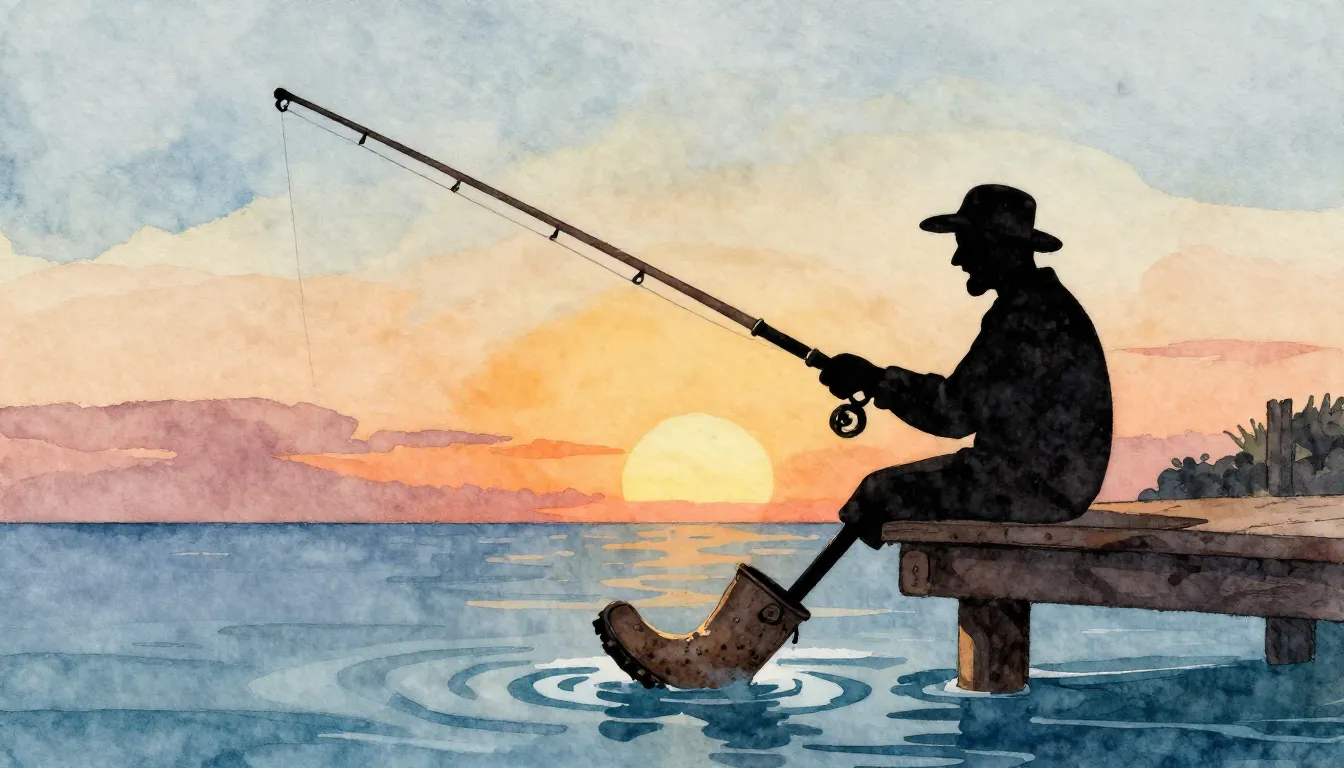 Watercolor style. A funny silhouette of a fisherman on a pie...