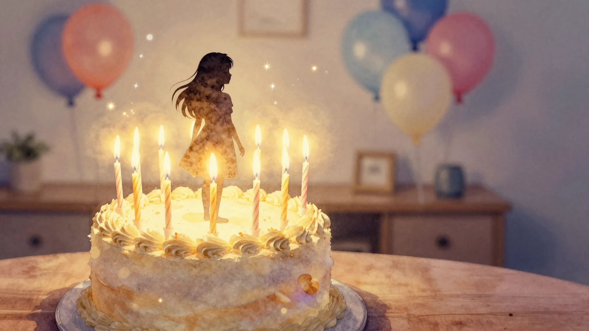 Watercolor style. A beautiful birthday cake with 18 glowing ...