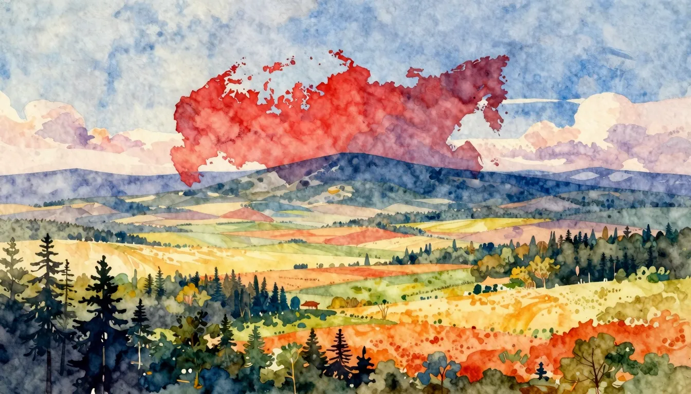 Vibrant watercolor style. A majestic, sweeping landscape of ...