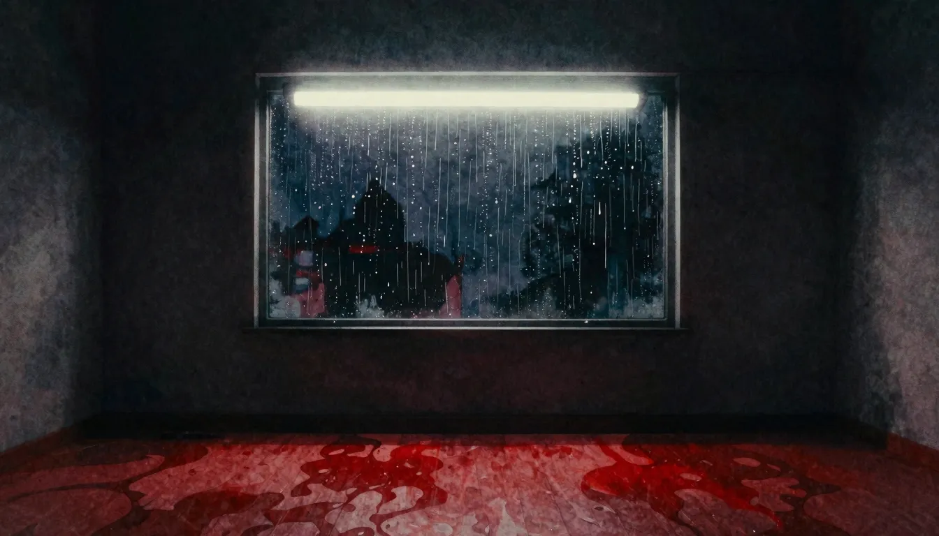 Watercolor style. A dark room with a single neon light refle...