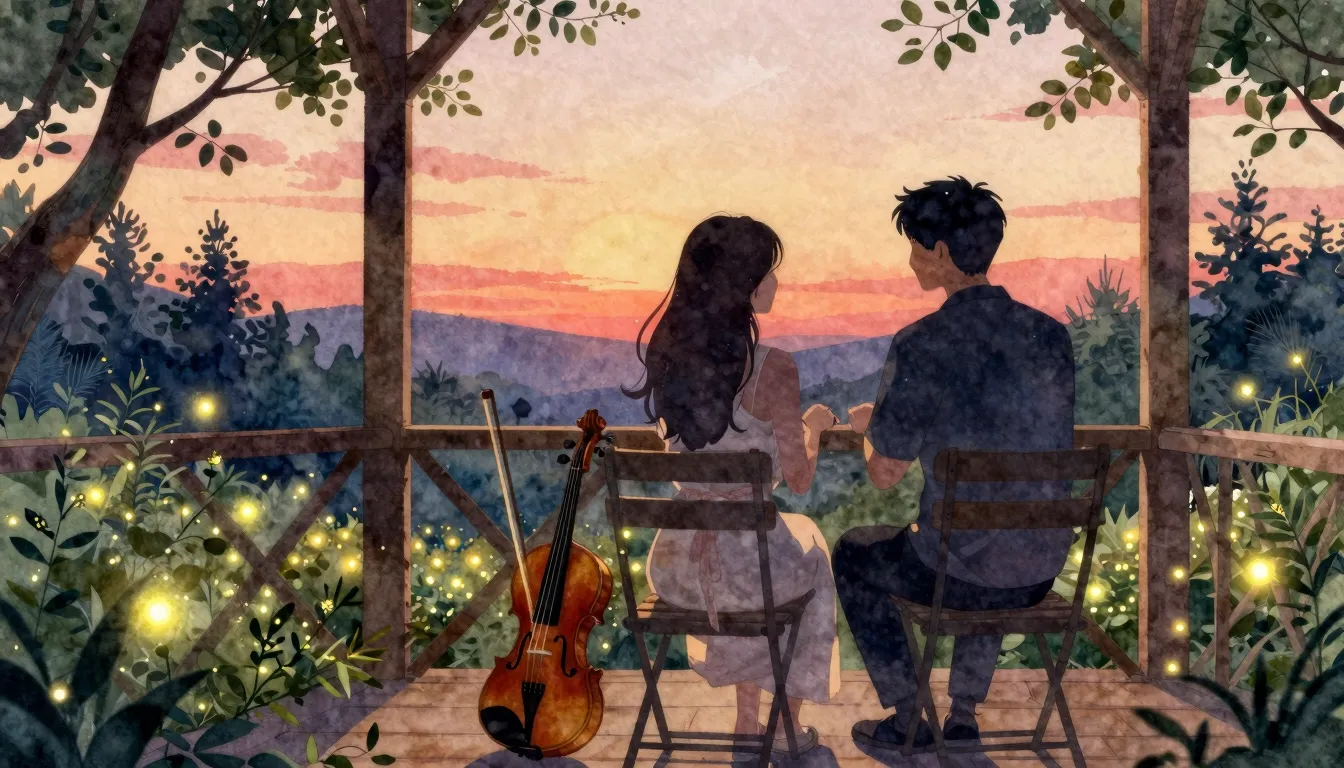 Watercolor style. A silhouette of a couple on a summer veran...