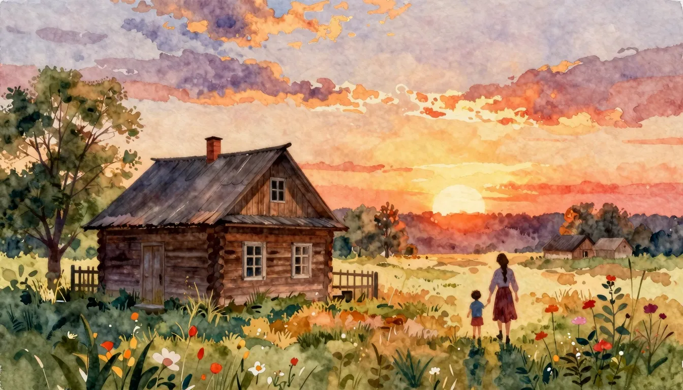 Vibrant watercolor style. Folk song album cover: rural lands...