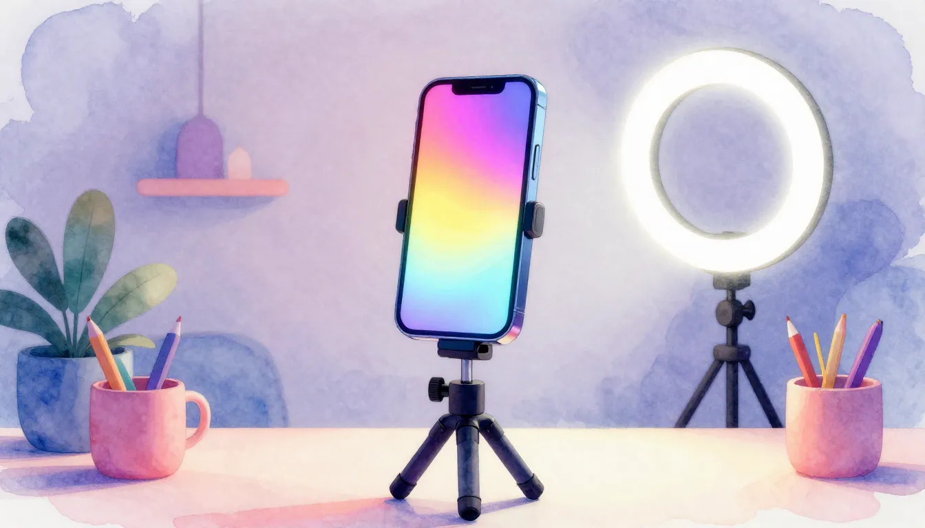 Watercolor style. A glowing smartphone on a professional tri...