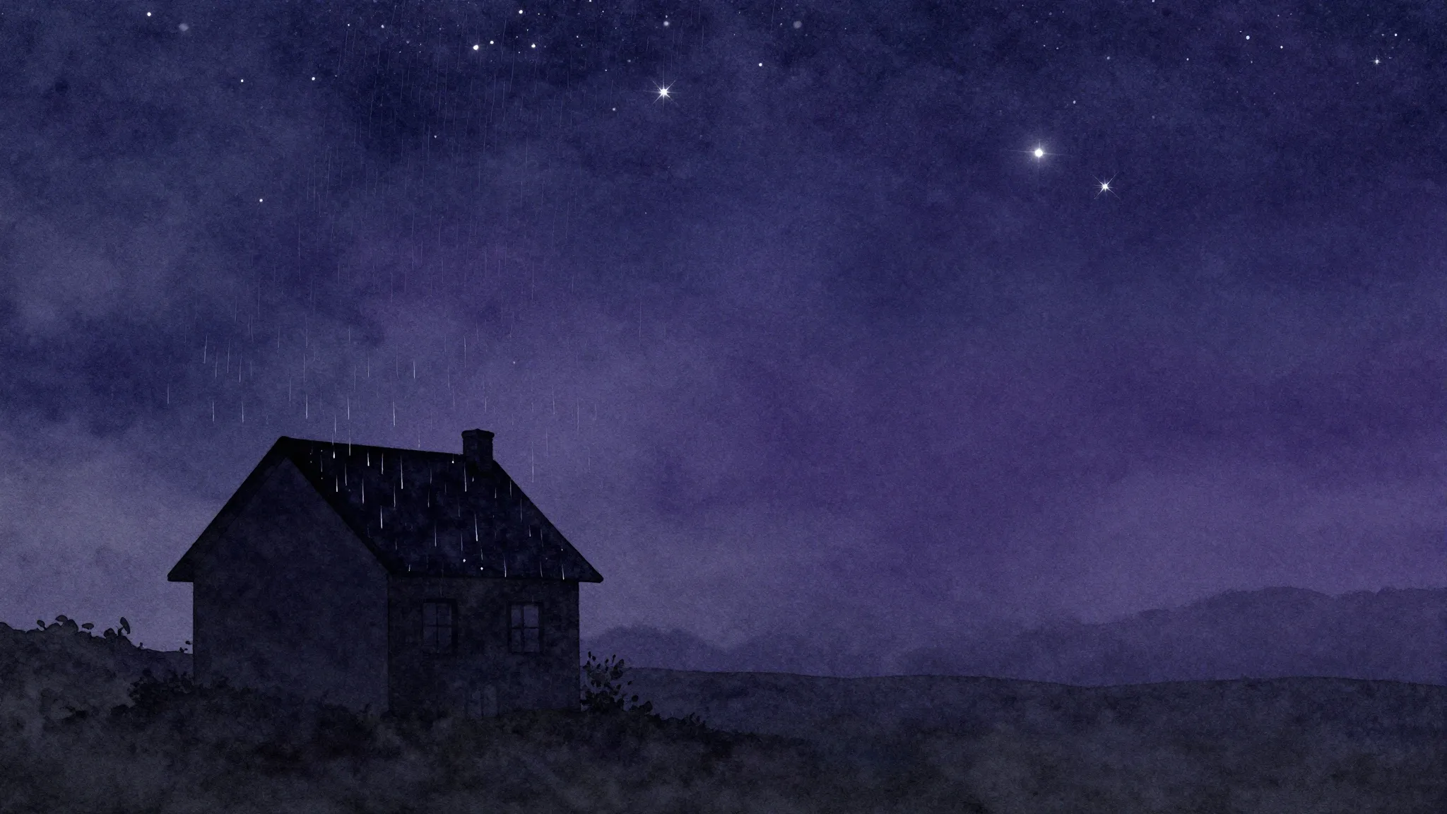 Watercolor style. A dark night sky with bright stars, a silh...