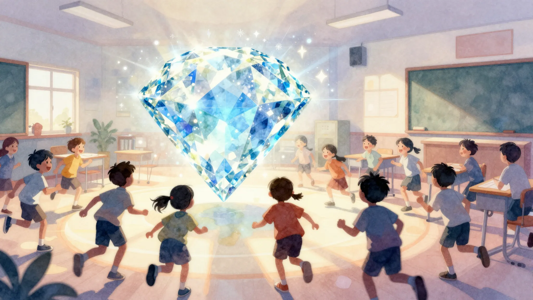 Watercolor style. A bright classroom with a large glowing di...