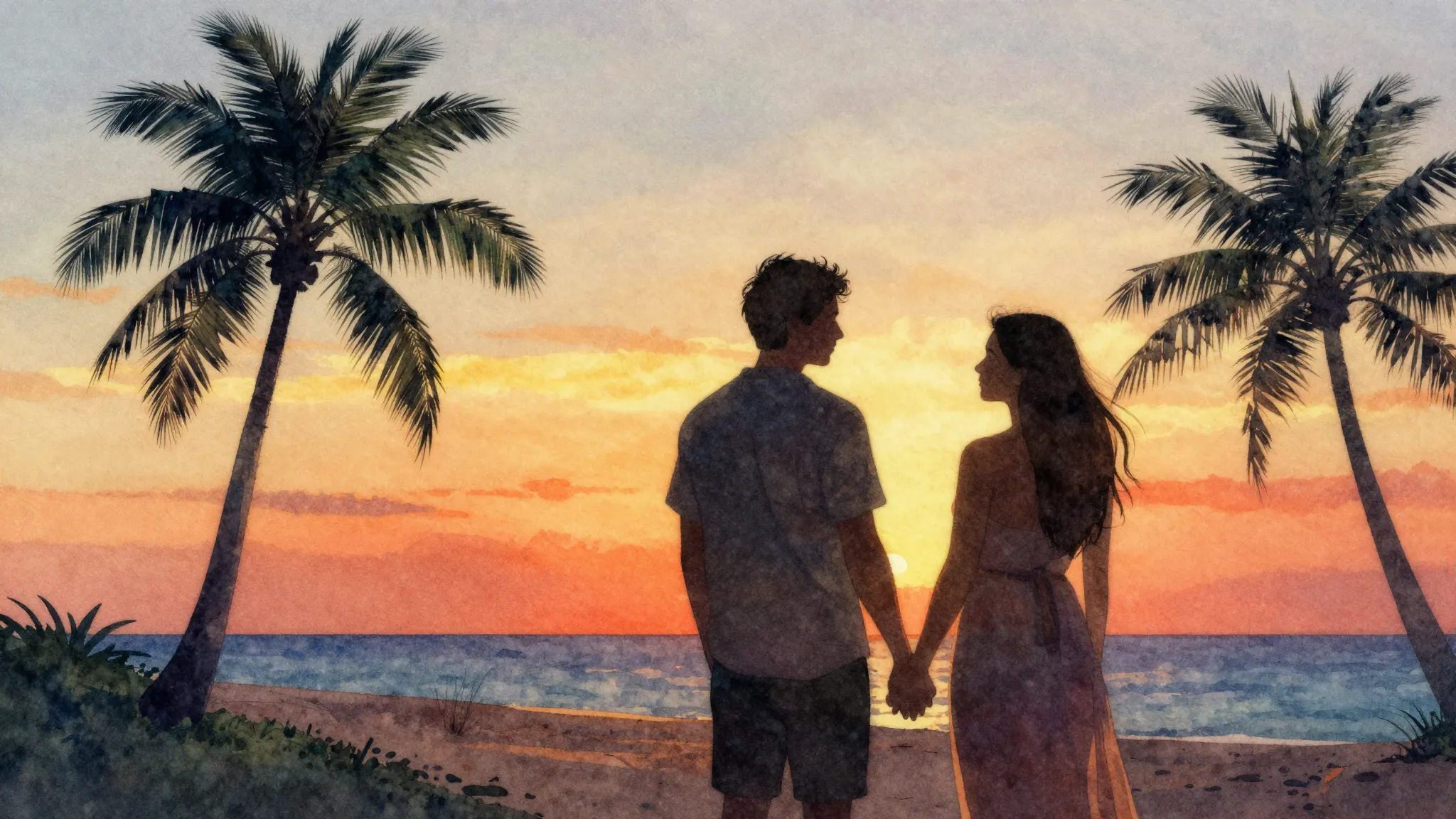 Watercolor style. Silhouette of two people on a tropical bea...