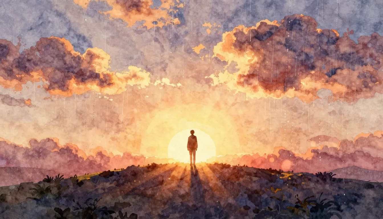 Watercolor style. A silhouette of a person standing on a hil...