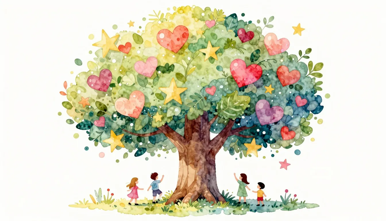Watercolor style. A bright, colorful stylized tree with leav...