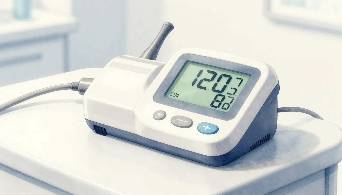 Watercolor style. Modern digital tonometer on a clean medica...