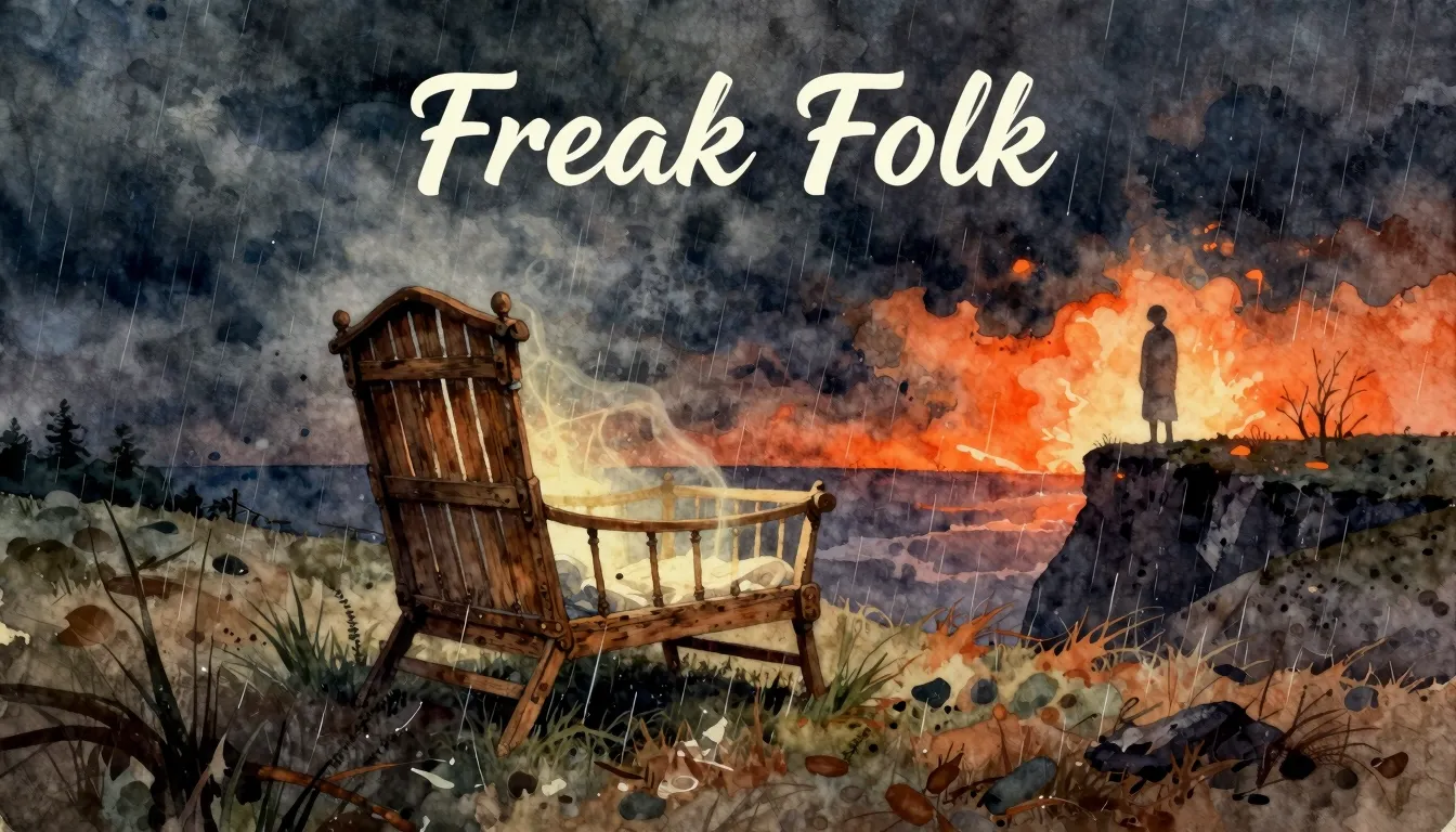 Vibrant watercolor style. "Folk-country album cover, 'Freak ...